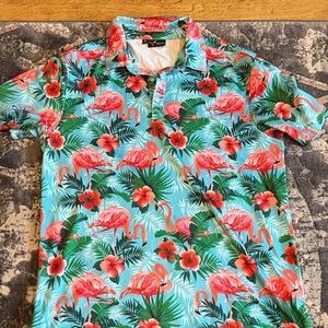 Yatta Golf Tropical Flamingo Print Polo Shirt - Aqua & Pink